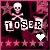 Pixelated icon with skull and crossbones, 'LOSER' text, pink stars, and a heart that changes color