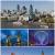 Pixelated cityscape with tall buildings and water, divided into four quadrants showing blue sky, brown landmasses, and dark structures.