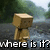 Pixelated character with brown skin and a large square head stands in front of blurred green and blue background, text below reads 'where is it?'