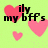 Pixelated green background with pink hearts and black text listing names like 'ily', 'my bffs', 'emily', 'meghan', 'tori', 'mack', 'ali', 'alexandra', 'jenna', 'amy', 'ilya'.