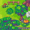 Pixel art scene with green grass, trees, mushrooms, a wooden fence, and an orange pumpkin under a tree.