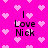 Bright pink background with scattered light pink pixelated hearts, featuring four identical text blocks reading "I Love Nick" in black pixelated font.