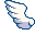 Four pixelated wing shapes in white and light purple with dark blue outlines on a gray background, arranged in a