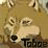 Pixelated close-up of a light-colored wolf-like creature's face with dark eyes and nose, set against a muted brown background with partial text visible below.