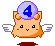 Pixelated cartoon character with orange fur, white wings, and a purple sphere containing blue number 4 on its head.