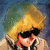 Pixelated image of a person with blonde hair wearing dark sunglasses and a black-and-white checkered shirt against a blue-green background.