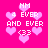 Pixelated pink background with repeated white text and heart symbols in various sizes and opacities.