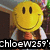 A pixelated yellow smiley face with dark oval eyes and a curved mouth, wearing brown overalls and white sleeves, positioned above black text reading 'chloeW259' on a blurred background.