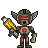 Pixelated robot with gray metallic body, red accents, and glowing red eyes holding a yellow-orange torch against gray background.