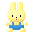 Pixelated yellow rabbit in blue overalls with varying facial expressions and arm positions