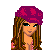 Pixel art contact sheet showing multiple frames of a female character with brown hair, purple beret, pink jacket, blue jeans, and red handbag in various poses including full-body, headshot, and partial views with text overlays.