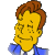 Pixelated cartoon character with yellow skin, brown hair, and blue bow tie on gray background.