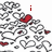 A pixelated image with red text and heart symbols on a white background, showing partial text in different sections.