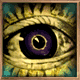 A stylized eye with a purple iris and black pupil, surrounded by yellow radiating lines on a teal background within a brown frame.