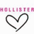 Pixelated image with 'HOLLISTER' text, heart outline, green birds, and 'LIFE!!!!!!' in pink on dark background.