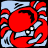 A static pixel art icon features a red crab with white eyes against light blue and black background elements.