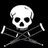 Pixelated white skull with black eye sockets and nasal cavity, crossed bones on black background, static image.