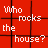Red background with white pixelated text fragments arranged in a scattered layout, including phrases like 'Who rocks the house?', 'The panthers rock the house', and 'Down!'