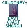 Pixelated image with teal text reading 'COURTNEY' above a blurred photo of a hand making a peace sign, and 'EAST COAST SHORDii' below.