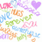 Pixelated text and heart symbols in pastel colors on a white background, with a gray rectangle in the bottom-right corner.