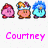 Pixel art icons of three Kirby characters with distinct color variations, labeled Courtney, Louise, and Kana in pink text below each group.
