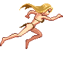 Pixel art animation of a blonde woman in a brown bikini running, showing sequential motion frames with varying limb positions and hair flow.