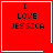 Red square icon with black text "I LOVE JESSICA" and white border; four variations show different corner symbols.