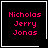 Four identical black square with white borders display pink pixelated text reading "Nicholas Jerry Jonas" and one contains a small white heart symbol