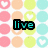Pixelated icon with four distinct sections: pastel circles, heart patterns, and text overlays reading 'live', 'laugh', 'luv' on white backgrounds.