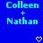 Blue background with light blue pixelated text 'Colleen + Nathan' and white heart symbols at bottom center.