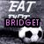 A pixelated image with 'EAT' text above a soccer ball, featuring changing colored text blocks over the ball.