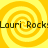 Yellow and orange spiral pattern with repeating text 'Lauri Rock' overlaid in black pixelated font.