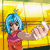 Pixelated character with blue hair and pink outfit extends right arm toward a white object against yellow background.