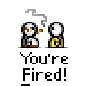 Animated contact sheet of 14 pixel art frames showing a cartoon character firing another with smoke effects and text bubbles.