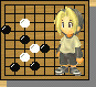 Pixelated character with blonde hair stands beside a Go board; white stones shift positions across frames while the character's expression changes from neutral to surprised.
