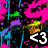 <3 symbol repeated on vibrant, pixelated background with pink, purple, green, yellow, and blue splashes.