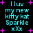 Pixelated cyan text on black background with pink starbursts, displaying 'I luv my new kitty kat Sparkle xxx' in two identical arrangements with slight variations in starburst placement and text alignment.