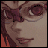 Pixelated character face with glasses and red hair, showing sequential text changes below the mouth on a red background.