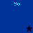 Pixelated blue background with cyan 'Yo' text and black or blue star icons in different positions across frames.