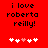 Red background with black text reading "i love roberta reilly!" and five white hearts, one pink heart in the center.