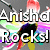 A colorful flower-shaped icon with a black center and multicolored petals, overlaid with bold text reading "Anishd Rocks!" on a gray background.