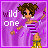 Pixelated character with brown curly hair in buns, wearing purple striped top and yellow shorts against purple background with "wild one" text.