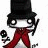 Pixelated character with large white eyes, black top hat, red scarf, and dark stick-like object against light background; alternate version has white top hat, cyan scarf, and dark background.
