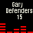 Pixelated text 'Gary Defenders 15' appears in two with red bar graphs above and below on a black background