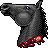 Pixelated grayscale horse head with blue eye detail, red and yellow lower jaw, black mane, and gray background.