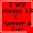 Red square icon with black pixelated text reading "I Will Always <3 U Forever & Ever" and a white border, featuring four variations of small symbols at the bottom right.