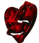Red heart-shaped icon with white curved line, transitioning through fragmented states and vertical strip forms