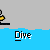 Pixelated animation of a yellow figure diving into blue water with repeated "Dive" text below, showing sequential motion from above-water to submerged states.