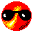 Red circular icon with yellow pixelated flame patterns and black shapes resembling sunglasses or abstract forms, arranged in a of nine variations showing different configurations