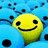Yellow smiley face icon with black eyes and mouth against blue background with black dots, next to black with white text 'oddball' on right